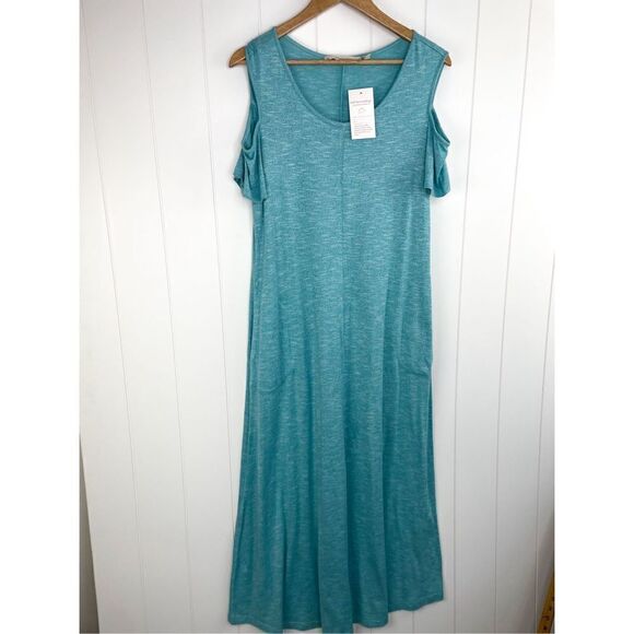NWT Soft Surroundings Electra Cold Shoulder Maxi Dress Pockets Sky Blue Size PL - Picture 3 of 10